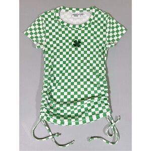 Green White Checkered Print Shamrock Ruched Graphic Tee T-Shirt Top Size XS ☘️✨